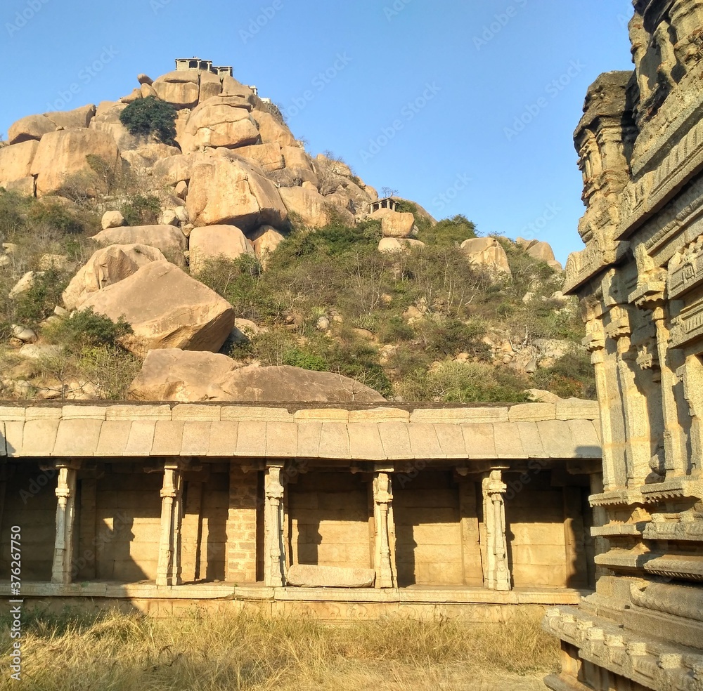 Achyuta Raya Temple Ruins with view of Matanga Hill, Hampi, Karnataka, India