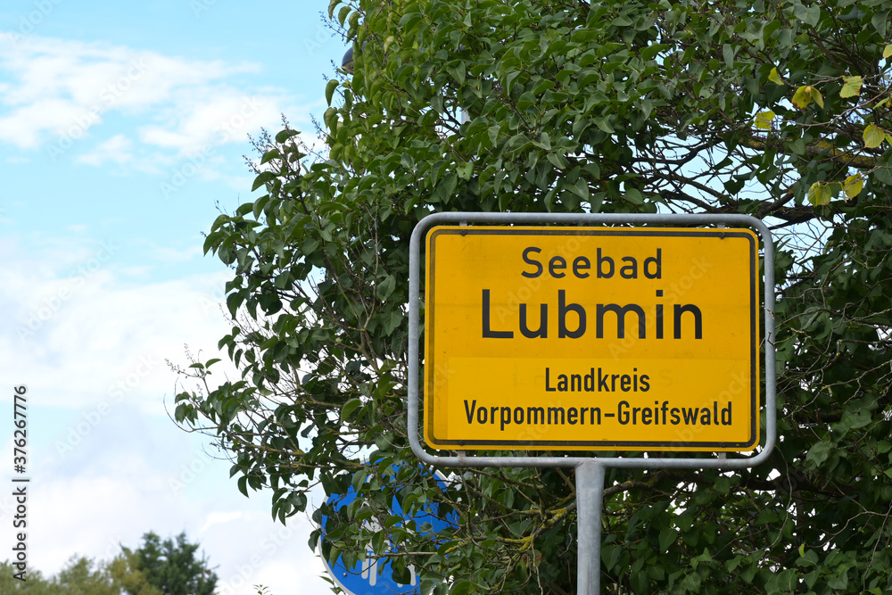 Place-name sign of the seaside resort Lubmin in the district of Vorpommern Greifswald at the Baltic sea, nearby is the landfall of the nord stream pipeline from Russia to Germany