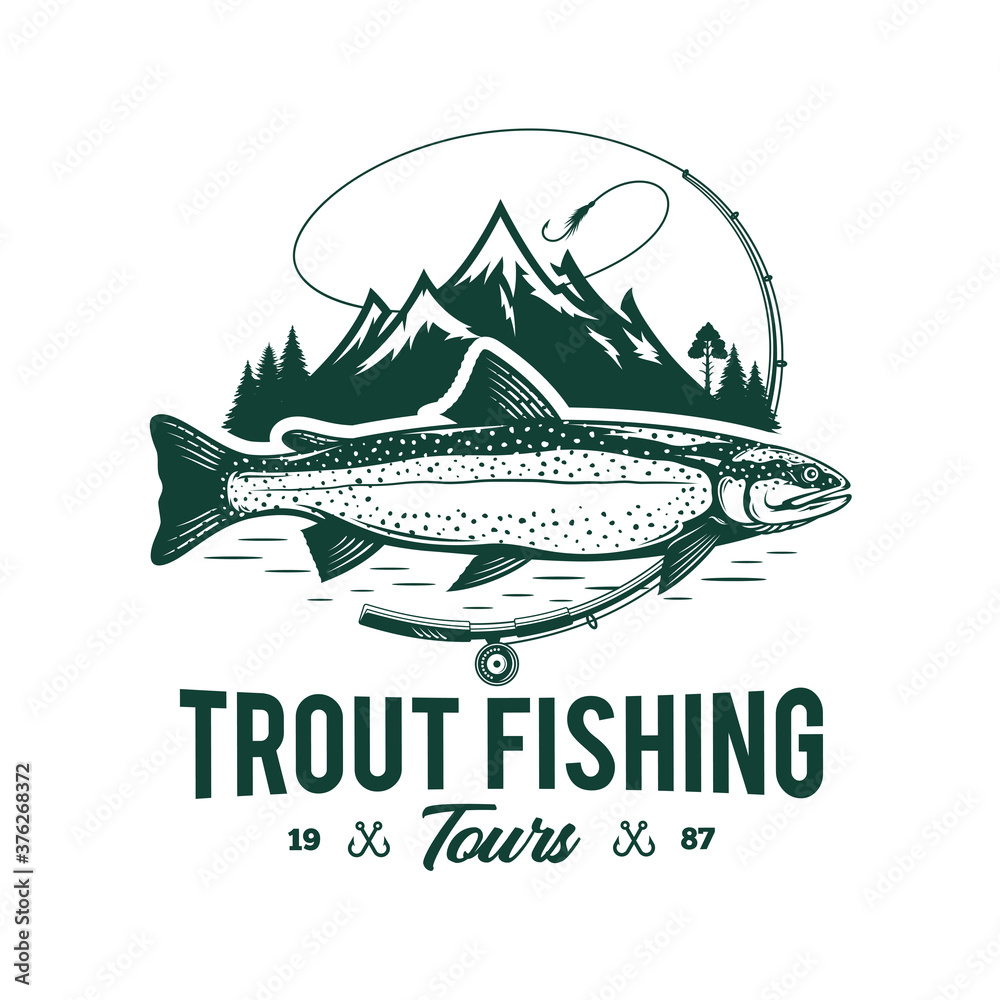 Vector fishing logo with trout fish, fishing rod, line, hook, and