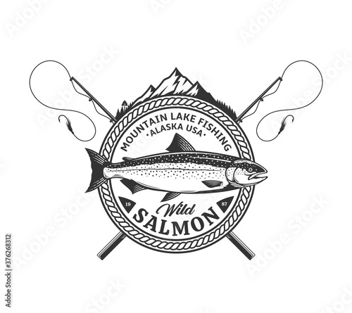 Vector mountain lake fishing logo template with salmon fish, fishing rods, and mountain. Fishing tournament, store, tour, and camp illustrations