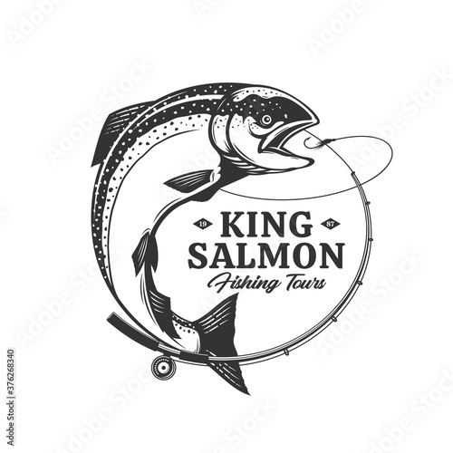 Vector fishing logo with salmon fish, fishing rod, line, and hook. Fishing tournament, tour, and camp illustrations