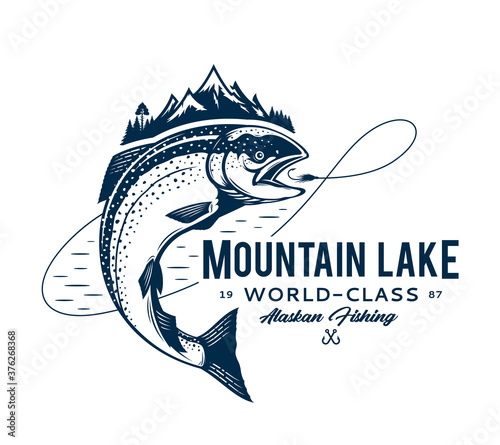 Vector mountain lake fishing logo with salmon fish, fishing line, hook, and mountains. Fishing tournament, tour, and camp illustrations