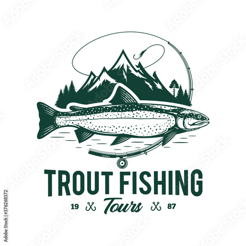 Fotografie, Obraz Vector fishing logo with trout fish, fishing rod, line, hook, and mountains