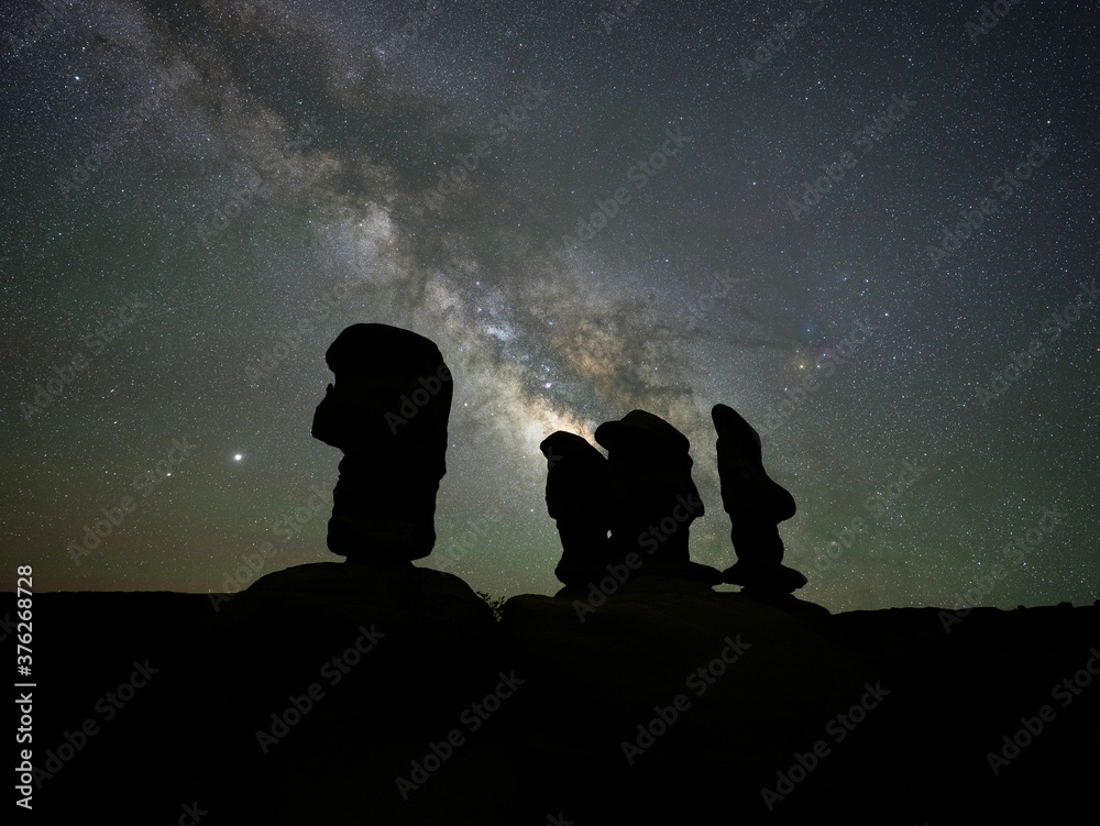 Milky Way Galaxy rising behind hoodoo silhouettes in Escalante Utah