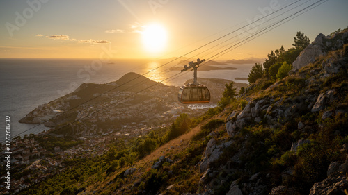 View on a sunset and cable car in Dubrovnik