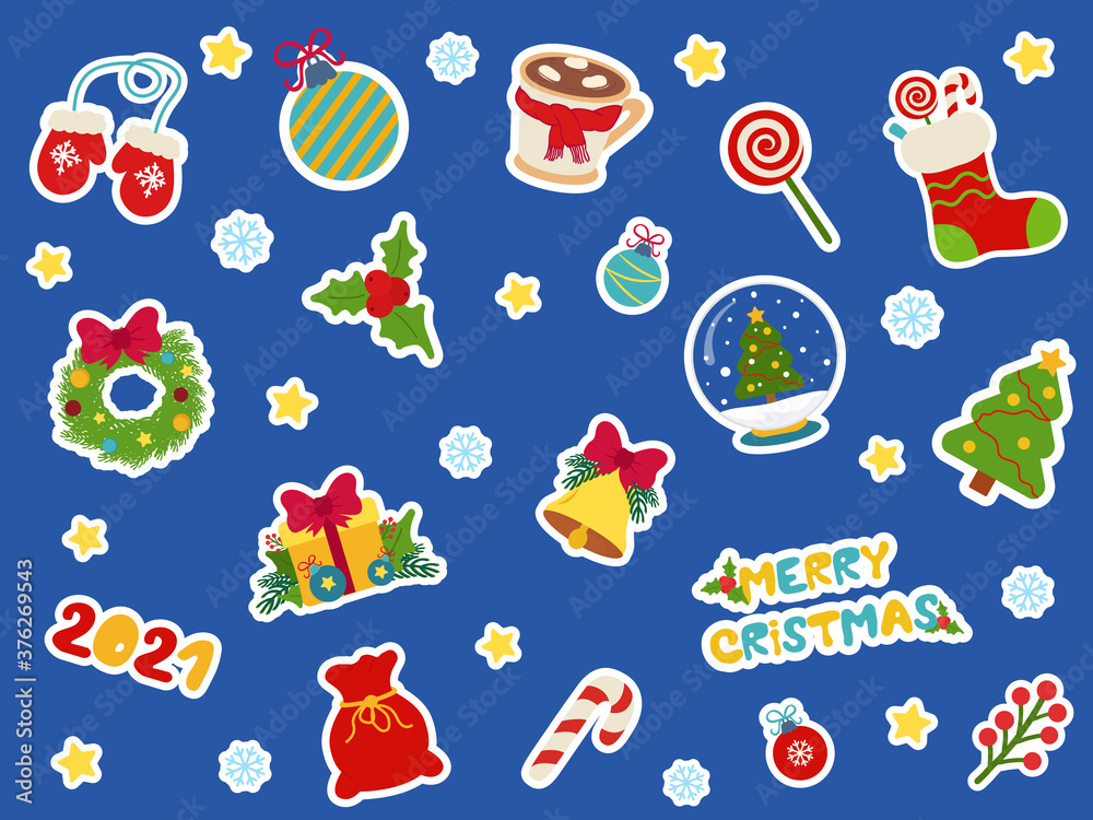 Flat vector set of colorful items related to Christmas and New Year theme. Santa Claus, toys, gifts and a tree. Elements for greeting cards. Christmas set