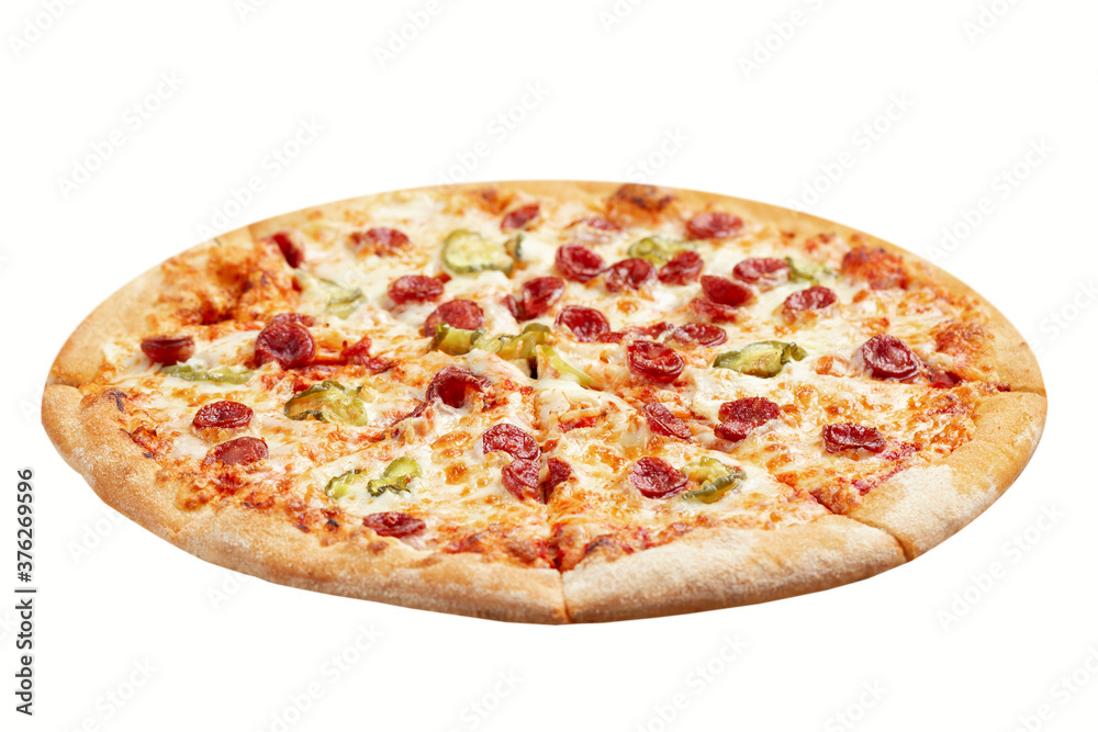 Pizza with bavarian sausages, Mozzarella cheese, onion and cucumbers isolated on white background