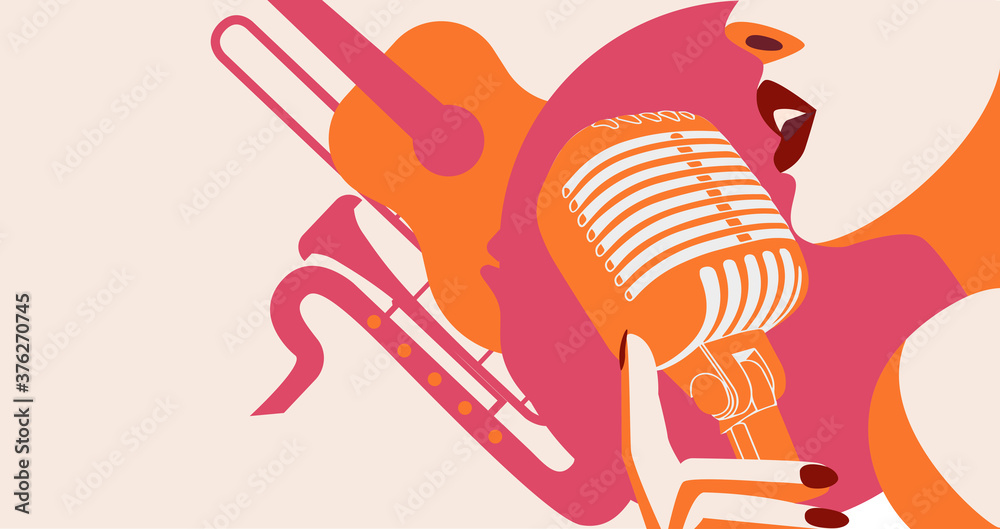 bright music-themed banner for the international day of music. Image of a beautiful girl singing into a microphone, musical instrument in the trending colors of autumn. EPS10 bright music-themed banner for the international day of music. Image of a beautiful girl singing into a microphone, musical instrument in the trending colors of autumn. EPS10