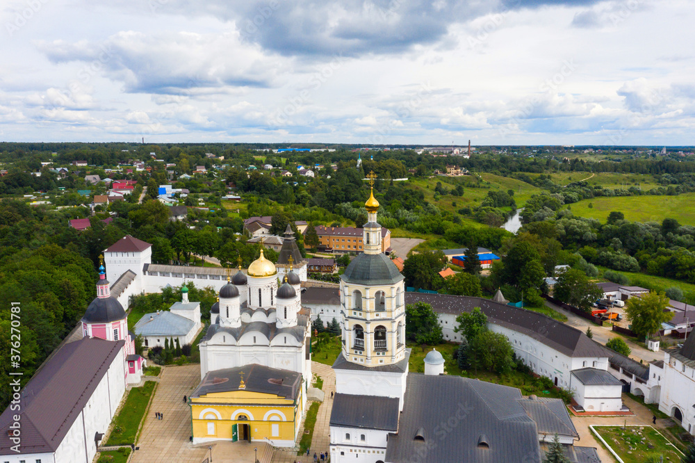 Aerial view on the Cathedral of the Nativity in Pafnutie monastery in Borovsk. Orthodox monastery on a summer day.