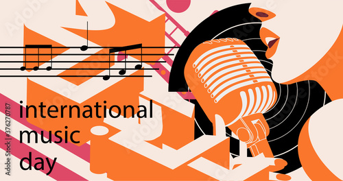 bright music-themed banner for the international day of music. Image of a beautiful girl singing into a microphone and 3d words "music" in the trending colors of autumn. Perfect for banners. EPS10