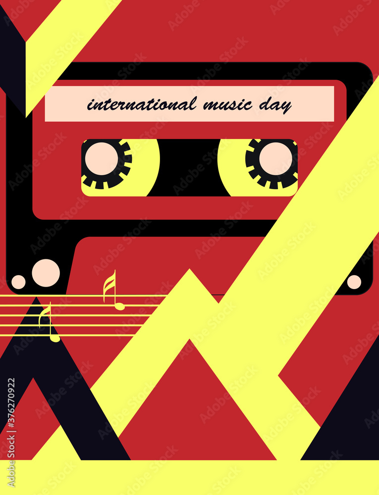 bright music-themed banner for the international day of music. Image of 3d cassettes and geometric triangular shapes in the trending colors of autumn. Perfect for invitation banners. EPS10