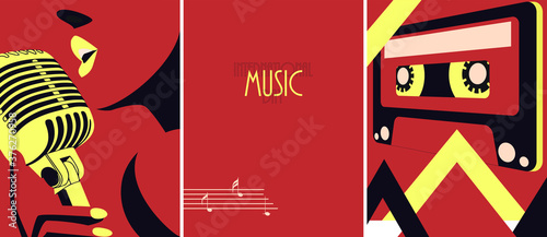 bright music-themed banner for the international day of music. Image of a beautiful singing girl with a microphone and a cassette in the trending colors of autumn. Perfect for invitation banners. EPS1
