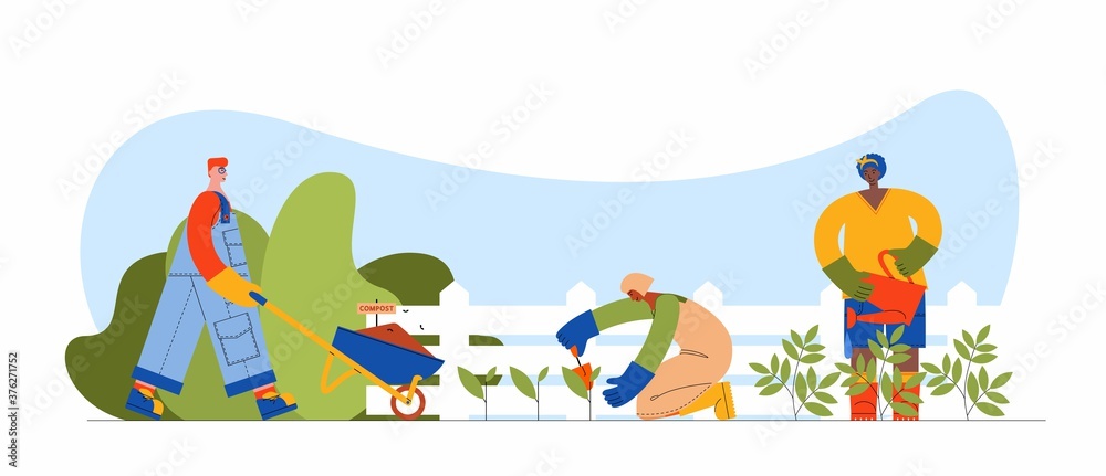 Fototapeta premium Male and female characters gardener and farmer working in garden. People planting seedlings, watering plants and fertilizing soil. Flat cartoon vector illustration organic farm and tools.