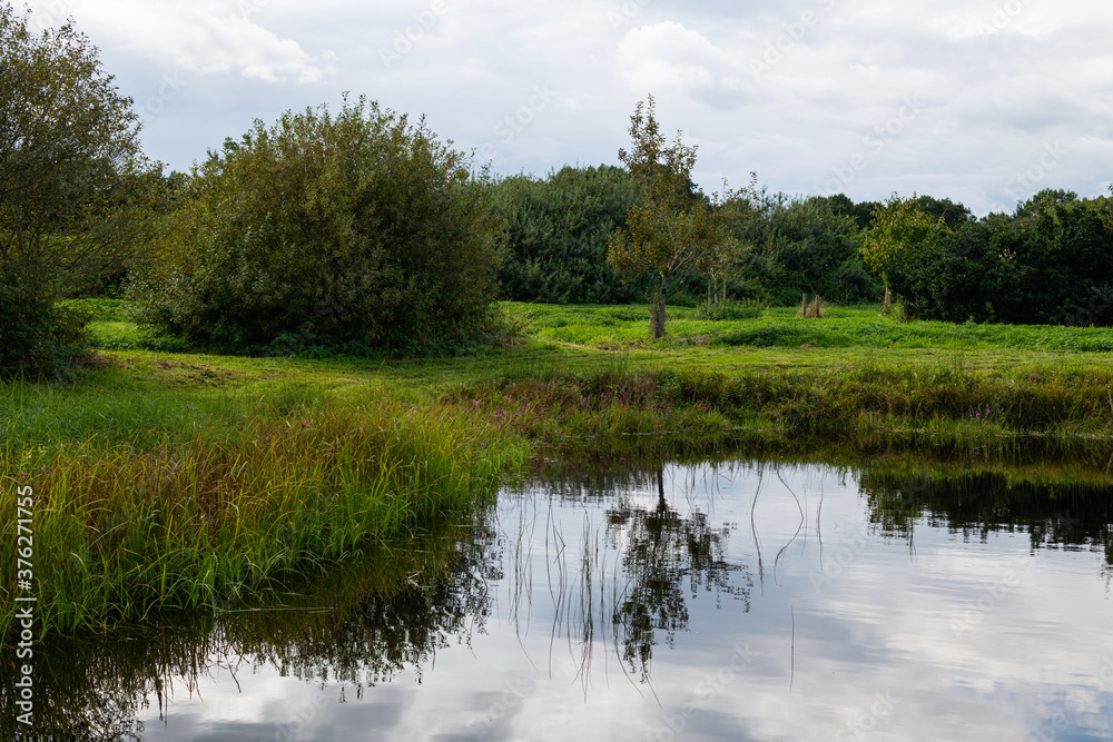 Photos of a small pond between fields in northern Germany with a relatively clear reflection on a cloudy day Photos of a small pond between fields in northern Germany with a relatively clear reflection on a cloudy day