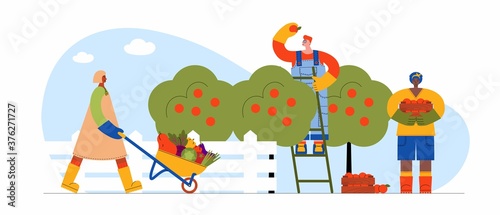 Banner  with male and female characters gardener and farmer harvesting. People getting harvest on the farm. Flat cartoon vector illustration organic harvest and garden tools