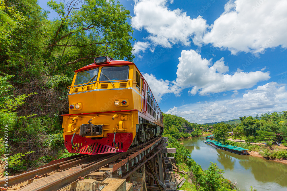 Naklejka premium Death Railway with train Famous place in Kanchanaburi Thailand