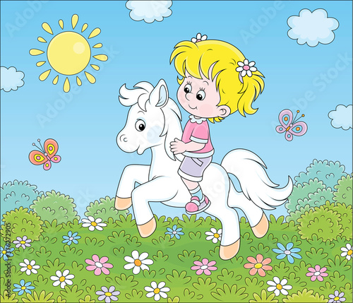 Little cute girl riding a white pony on a green field with flowers on a sunny day, vector cartoon illustration