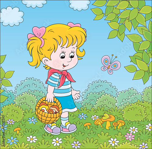 Girl walking with a basket and gathering mushrooms on a green forest glade on a summer day, vector cartoon illustration