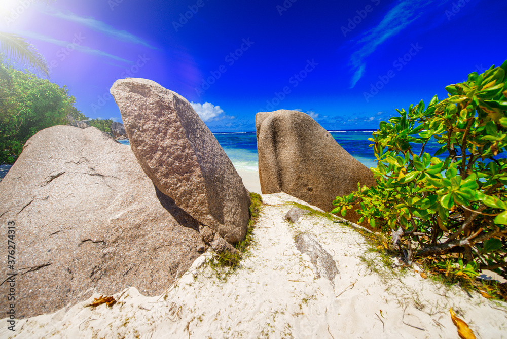 Amazing picturesque paradise beach with granite rocks and white sand, palm trees, turquoise water on a tropical landscape, Seychelles