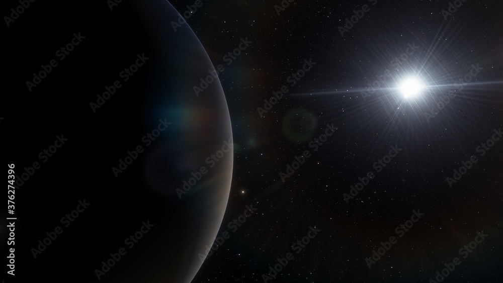 Obraz premium alien Planet, fantasy landscape, view from the surface of an exo-planet, science fiction landscape, 3d Render