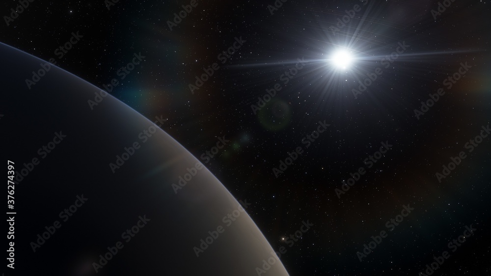 Obraz premium alien Planet, fantasy landscape, view from the surface of an exo-planet, science fiction landscape, 3d Render