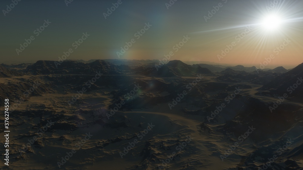 alien Planet, fantasy landscape, view from the surface of an exo-planet, science fiction landscape, 3d Render alien Planet, fantasy landscape, view from the surface of an exo-planet, science fiction landscape, 3d Render