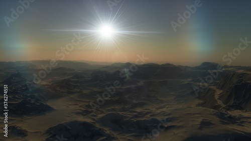 alien Planet, fantasy landscape, view from the surface of an exo-planet, science fiction landscape, 3d Render