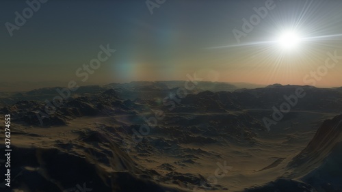 alien Planet  fantasy landscape  view from the surface of an exo-planet  science fiction landscape  3d Render