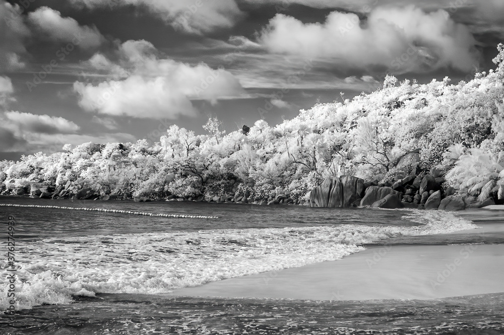 Infrared view of beautiful tropical island shoreline with ocean and trees
