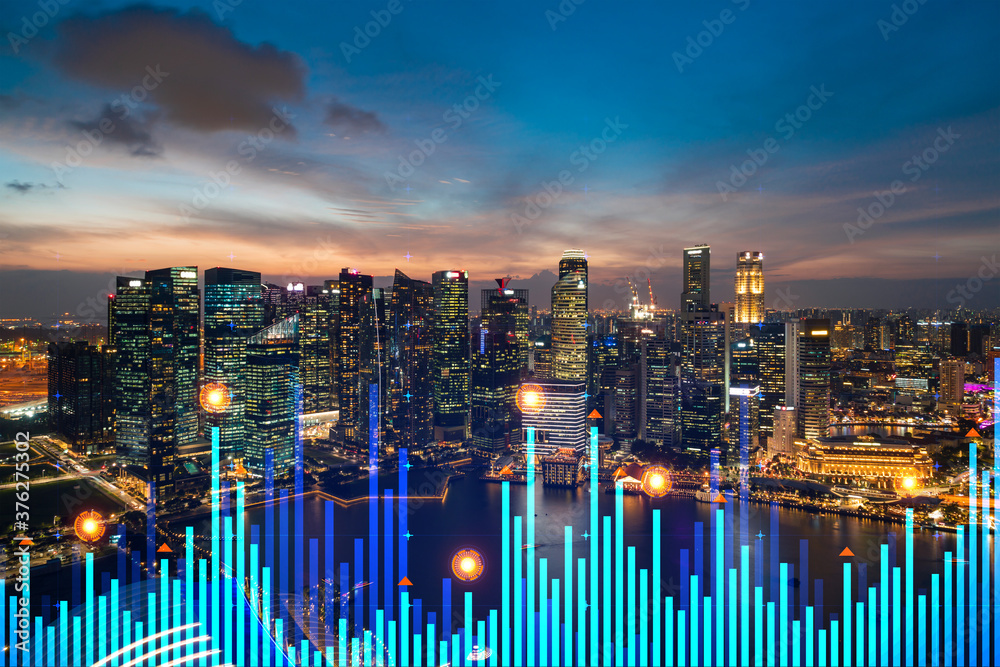 Market behavior graph hologram, sunset panoramic city view of Singapore, popular location to achieve financial degree in Asia. The concept of financial data analysis. Double exposure.