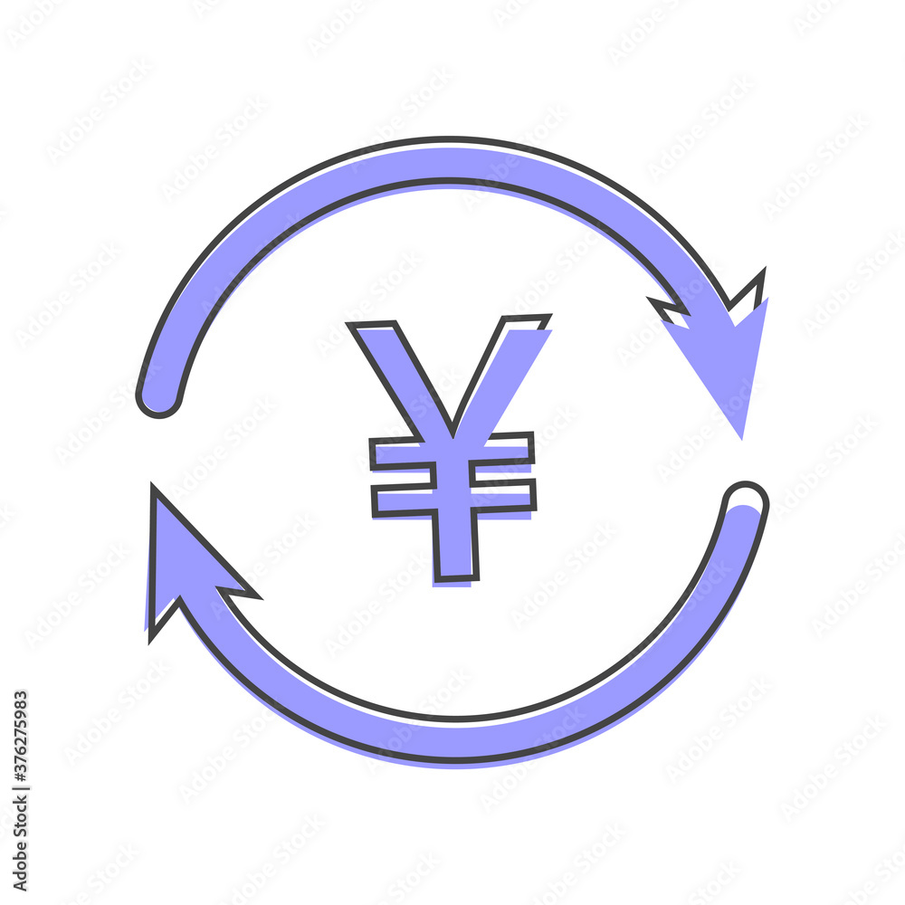 Vector circle icon with arrow and yen sign. Currency exchange symbol cartoon style on white isolated background. Vector circle icon with arrow and yen sign. Currency exchange symbol cartoon style on white isolated background.