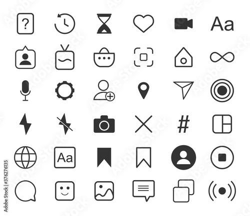 Outline set icons for social media. Icons collection to use for web and mobile UI, UX, KIT app. Basic elements set of social media user interface. Icons outline isolated on white background. Vector