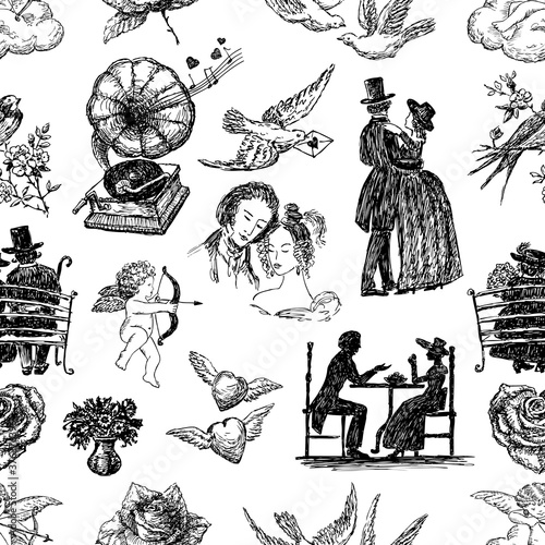 Seamless background from vintage drawings for valentines day