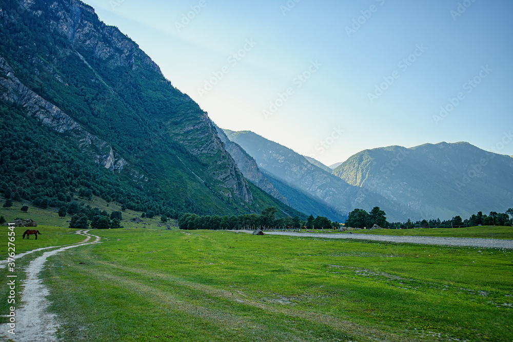 View on valley of Chulyshman valley at the morning. Altai Republic, Siberia. Russia