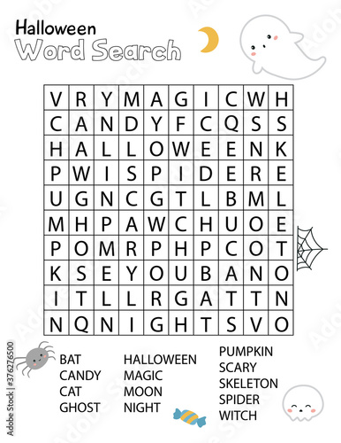 Halloween word search crossword puzzle for children. Educational activity worksheet. Practice English language vocabulary. Funny kawaii ghost, skull and spider.