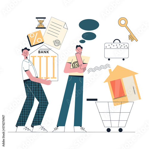 Mortgage broker find a bank or a direct lender to make a specific loan a man is seeking. Process of loan origination. Property money investment. Flat vector cartoon illustration with character 