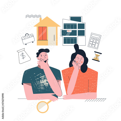 Home mortgage loan or apartment rental concept. Investments in real estate. Young family, man and woman choosing home together. Flat vector cartoon illustration with character isolated on white