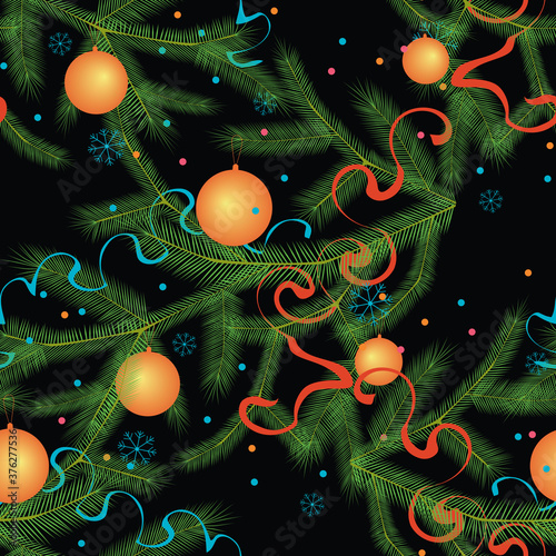 Seamless pattern of christmas tree branches with festive balls and ribbons