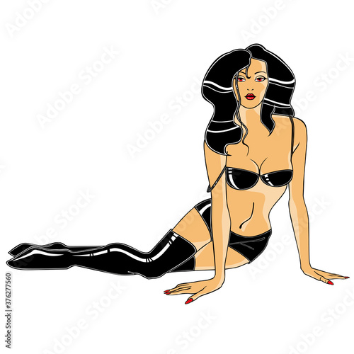 Sexy brunette in a leather suit. Vector color image.