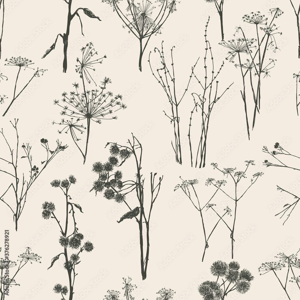 Seamless pattern of sketches various wild plants