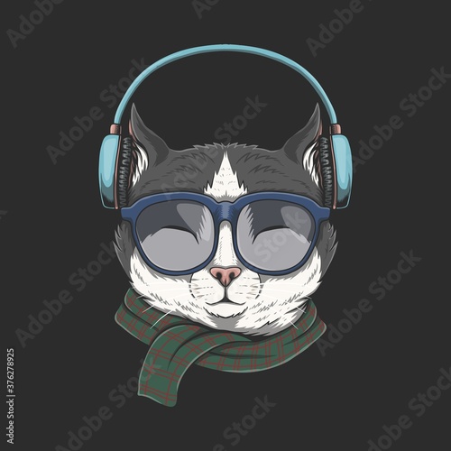 Cat Wears headphones illustration
