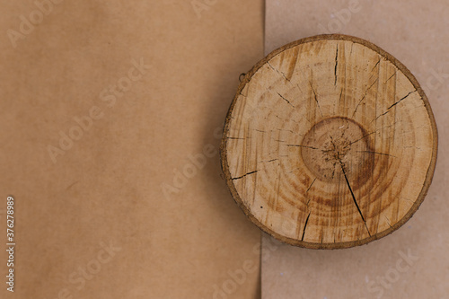 A section of the tree trunk lies on two types of Kraft paper. Eco-friendly packaging.