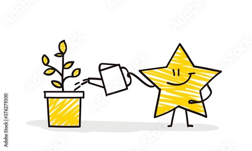 Doodle stick figures: Funny star watering a potted plant.