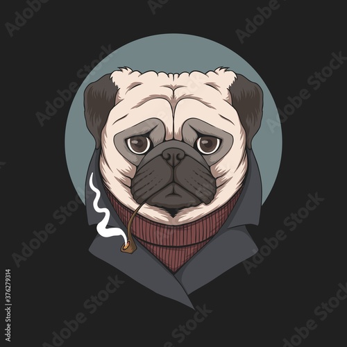 Pug dog smoke pipe illustration