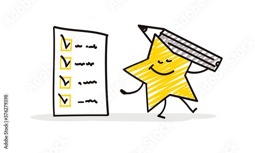 Doodle stick figures: Funny star has finished filling out a questionnaire and leaves with a pencil.
