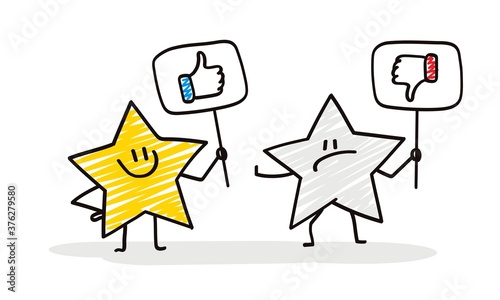 Doodle stick figures: Funny stars with like and dislike signs.