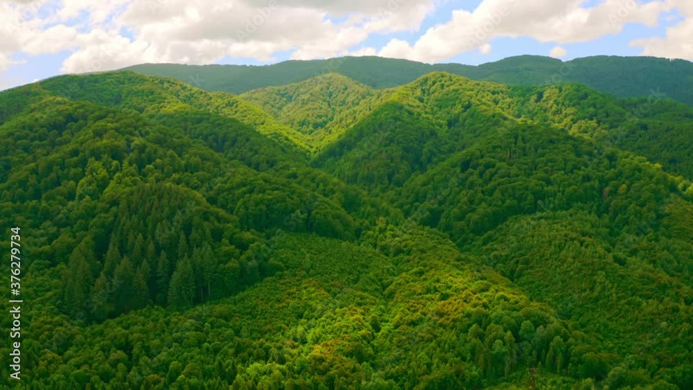 drone flies forward to the mountains covered green forest summer view in day time drone flies forward to the mountains covered green forest summer view in day time