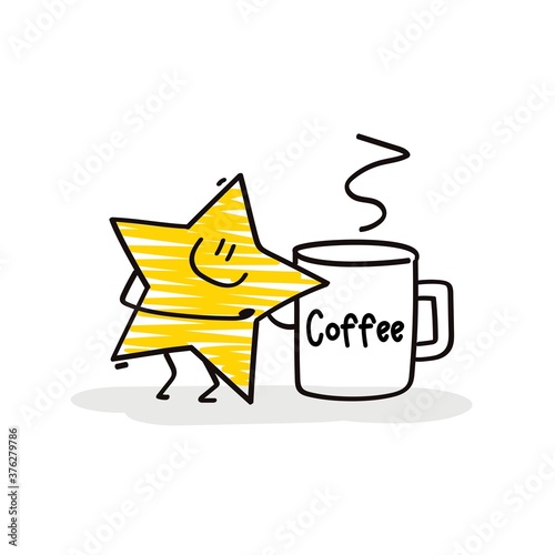 Doodle stick figures: Funny stars with cup go coffee.