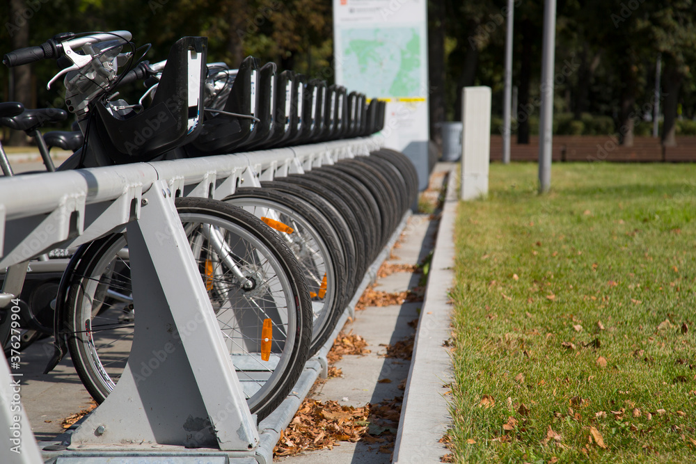 Paid Bicycle Parking in the city.Eco transport in the city. Paid Bicycle Parking in the city.Eco transport in the city.