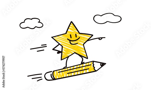 Doodle stick figures: Funny star flies on a rocket as a pencil. Start.